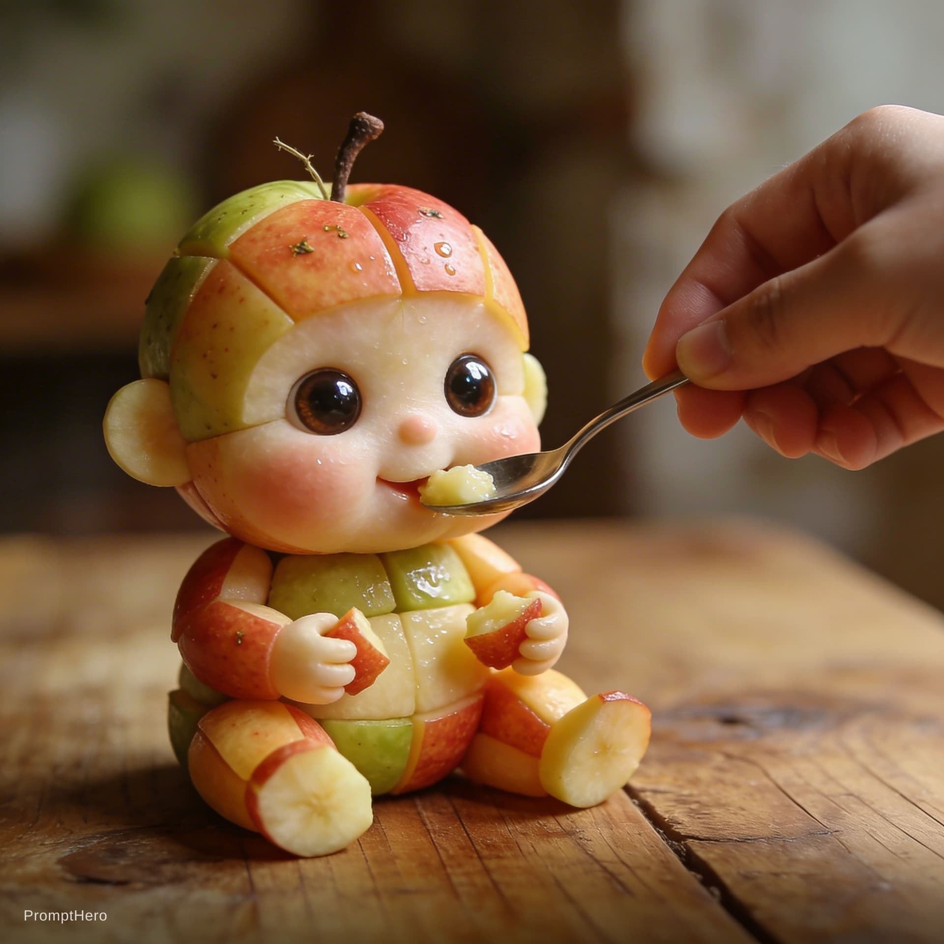 AI generated: Ultra-realistic cute baby-like creature made entirely from [fruits].
The baby has chubby proportions...