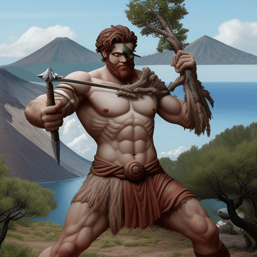 AI generated: A feral cyclops (who has only one eye on his forehead) from ancient greek mythology in front of a do...