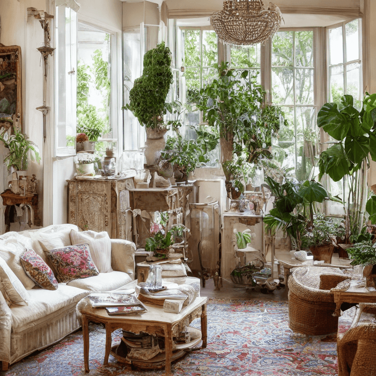AI generated: living room with French windows opening onto the garden, Provençal style sideboard, plants, jute car...
