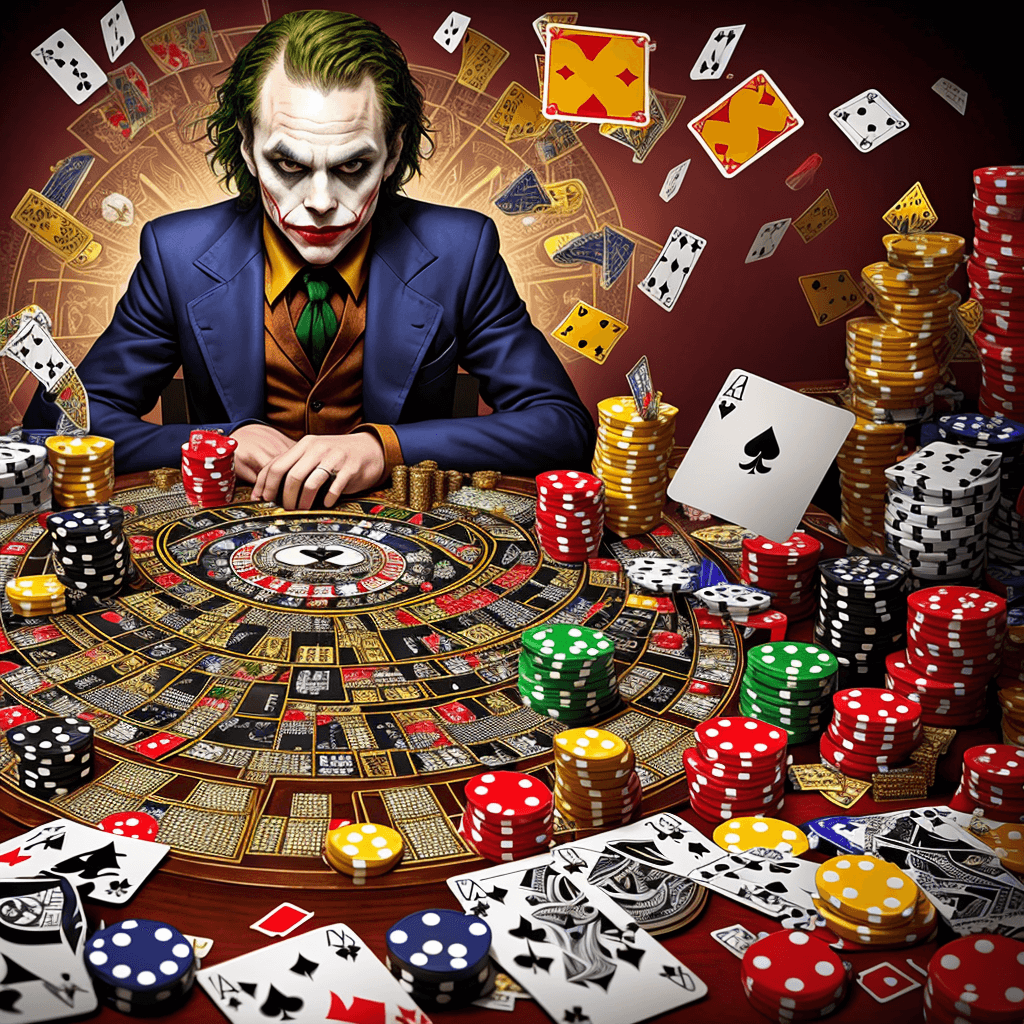 AI generated: a visually stunning composition featuring the Joker seated at a card table, surrounded by an elabora...