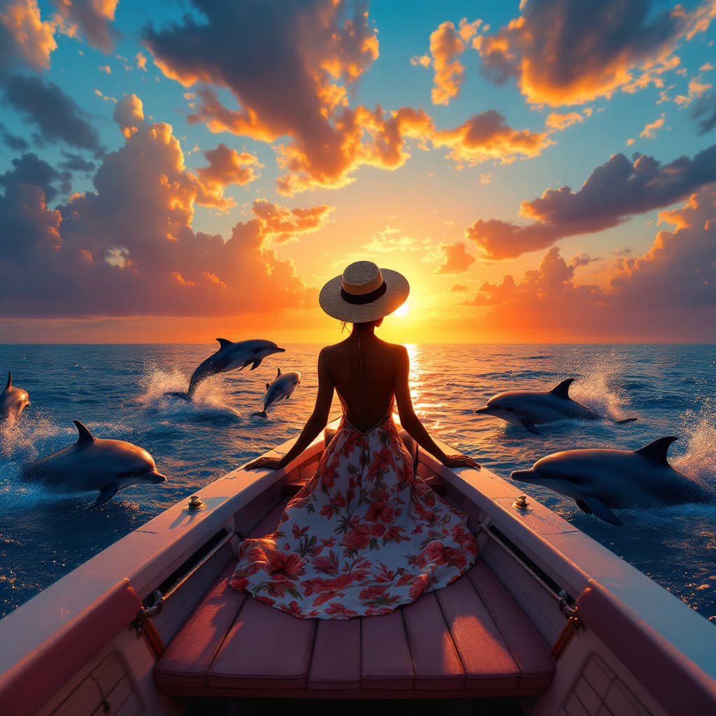 AI generated: A boat in the ocean with a beautiful black lady with a sundress and a hat, from a far dolphins swimm...