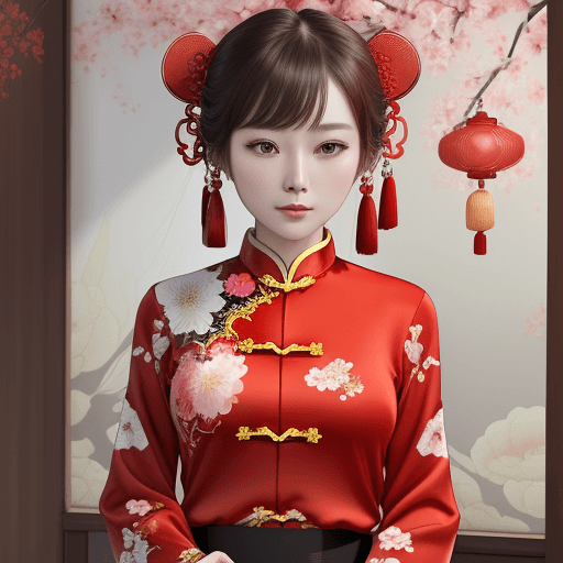 AI generated: chinese red blouse, in the style of dreamy and romantic compositions, floral explosions --ar 24:37 -...