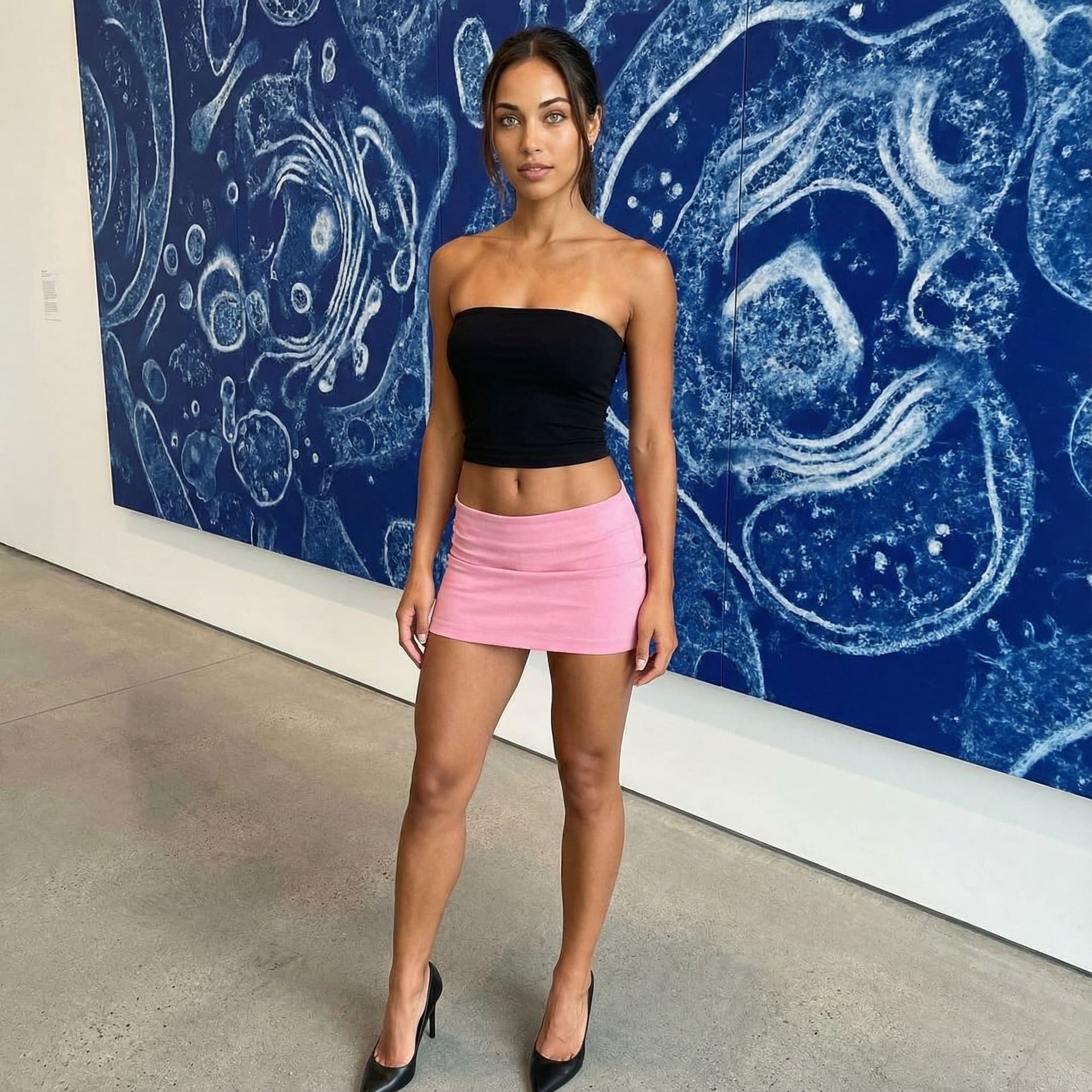 AI generated: Beautiful masterpiece, realistic, young woman, wearing a black strapless, pink micro skirt, wear hig...