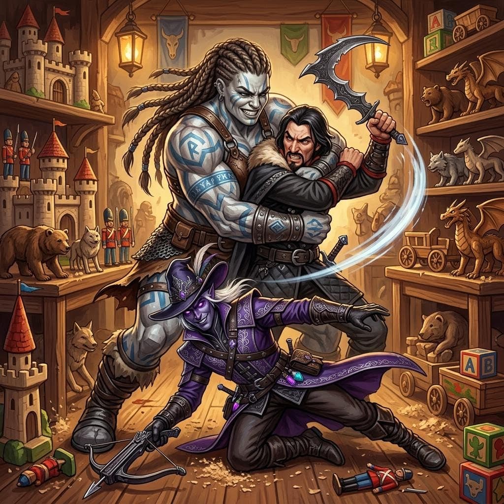 AI generated: a large goliath female bear hugs a dark haired man from behind while he tries to attack a dark elf w...