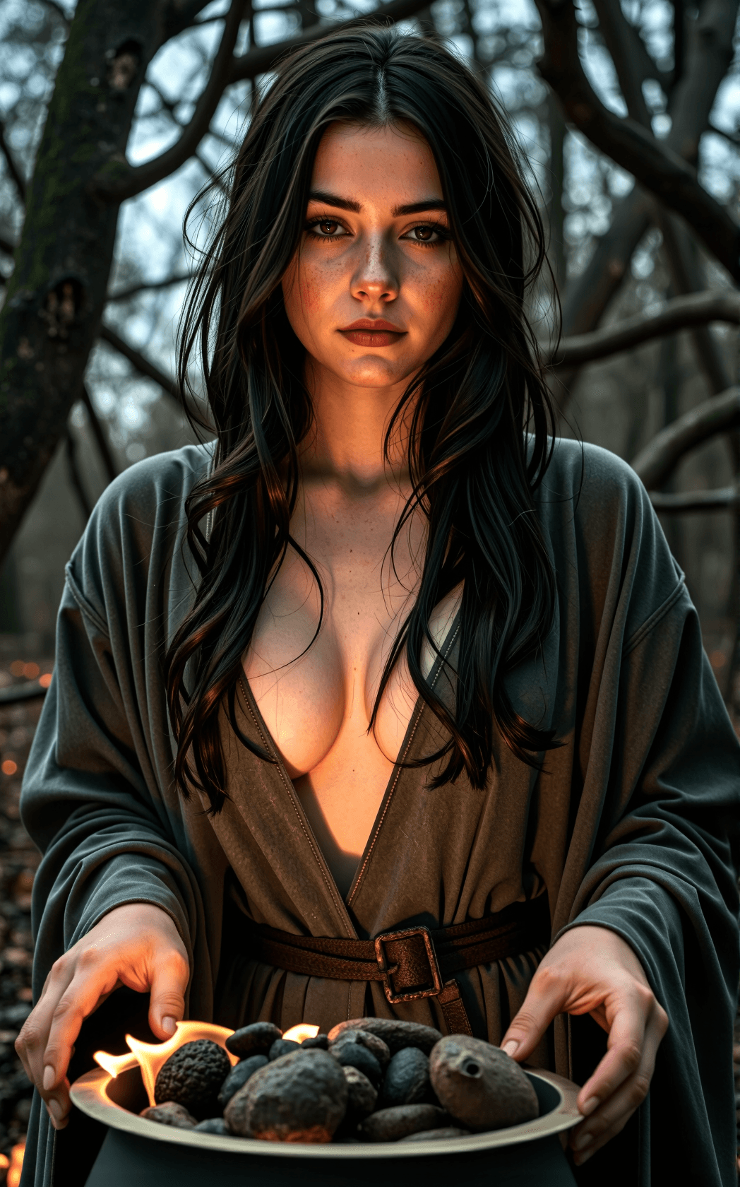 AI generated: A close-up documentary-style photograph captures a striking young woman in a weathered witch’s cloak...