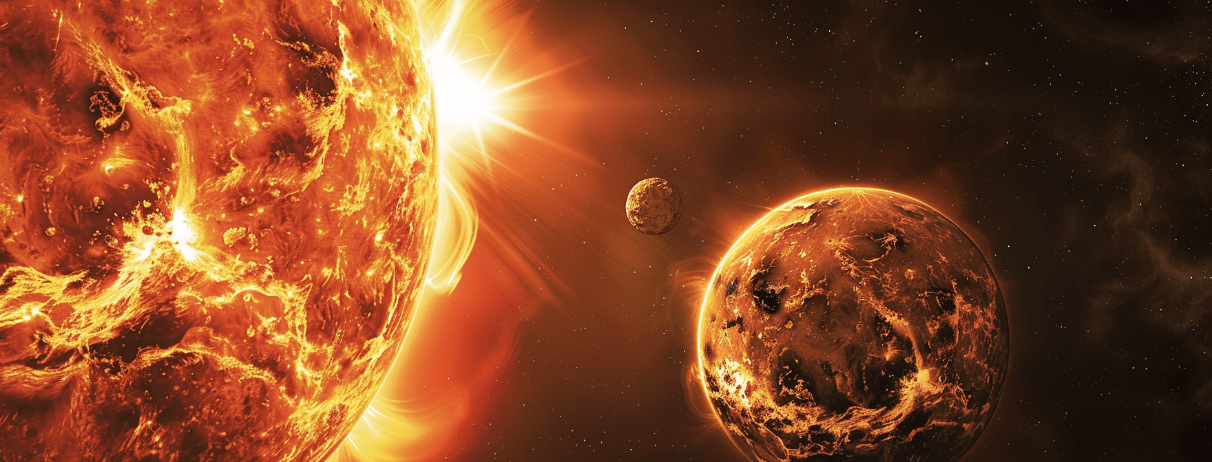 AI generated: An illustration of the sun with an Earthlike planet orbiting it, set against black space background....