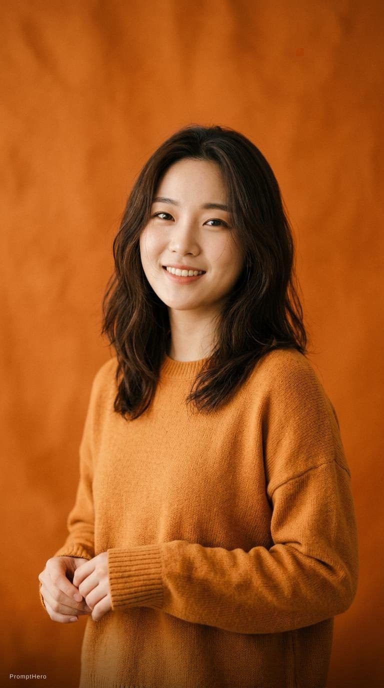 AI generated: photography, orange hue, korean woman model, solid orange backdrop, using a camera setup that mimics...