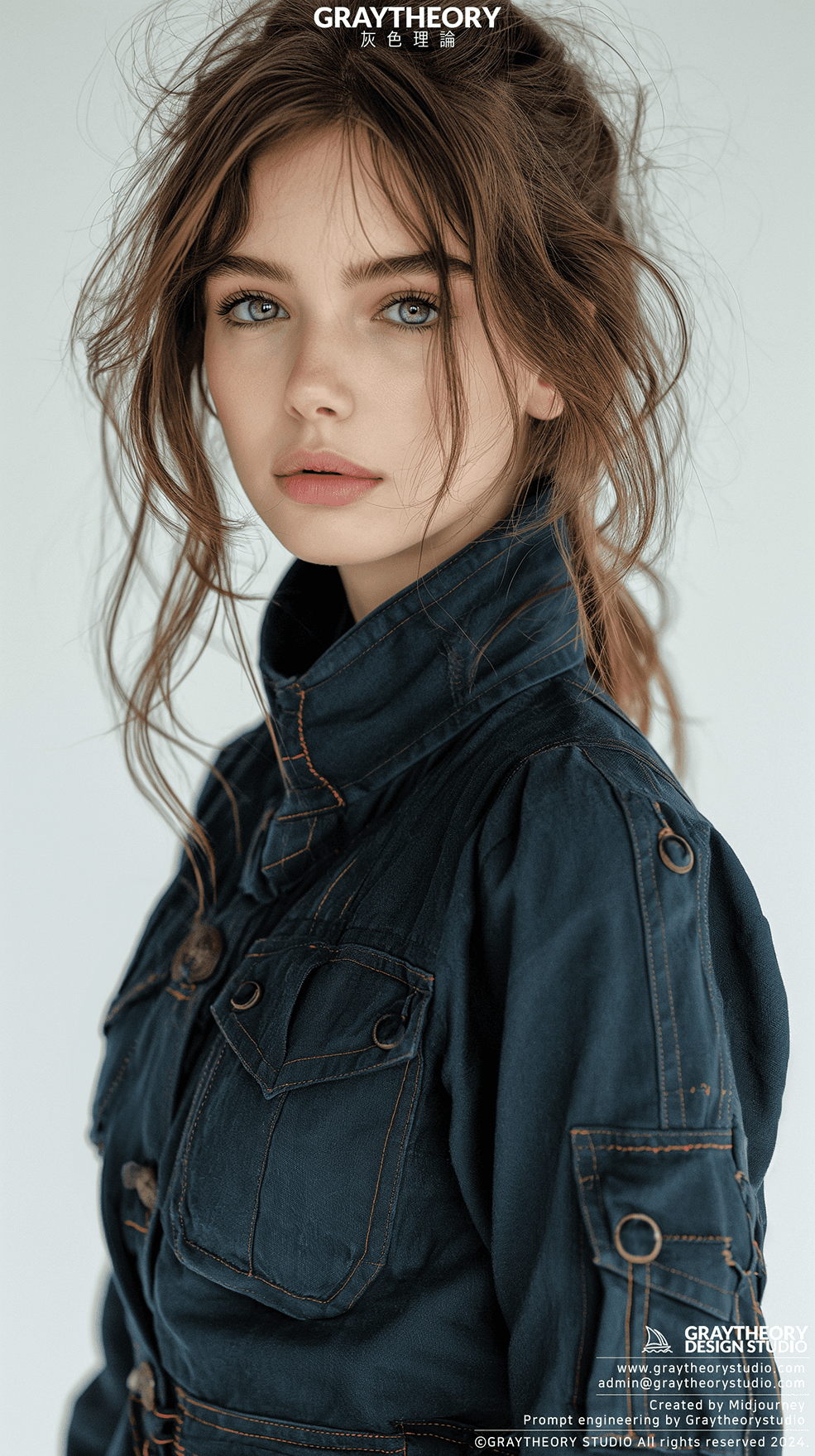 AI generated: Photograph, woman, model, minimalist millitary, stylish hair, gaze, solid white environment, studio ...