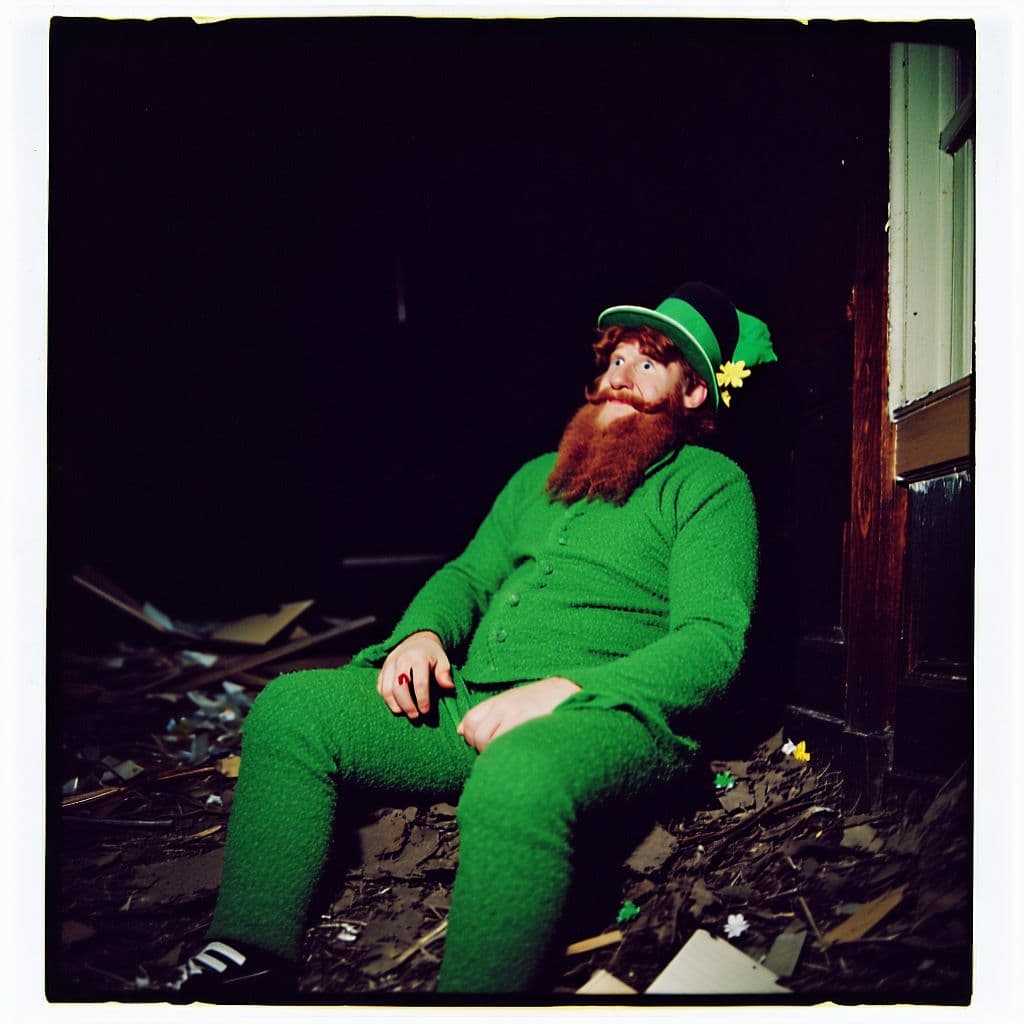 AI generated: grainy 80's photograph quality polaroid of a leprechaun caught in an abandoned house, dark