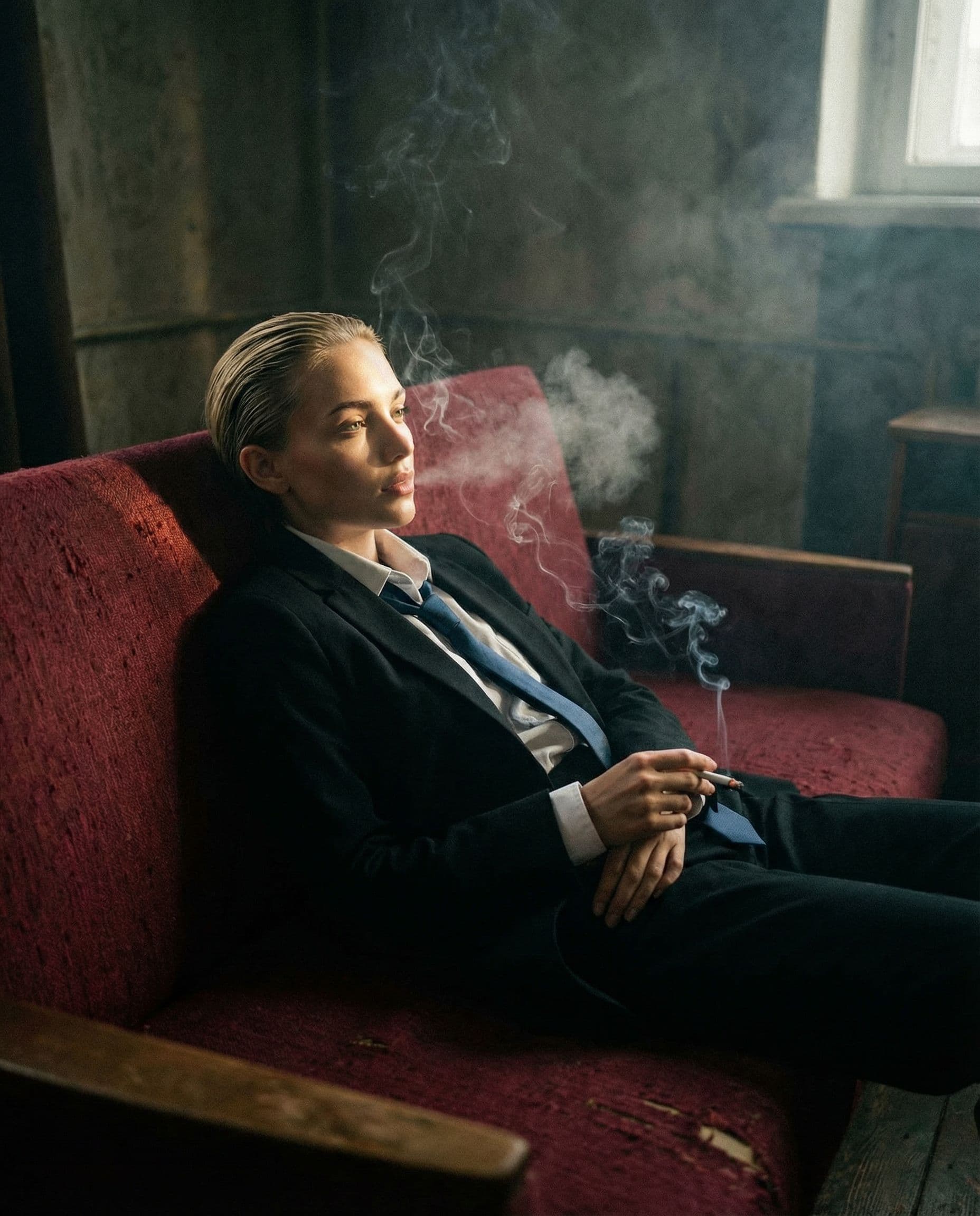 AI generated: photography, dimly lit room with a hazy atmosphere, capturing a female figure lounging on a deep cri...