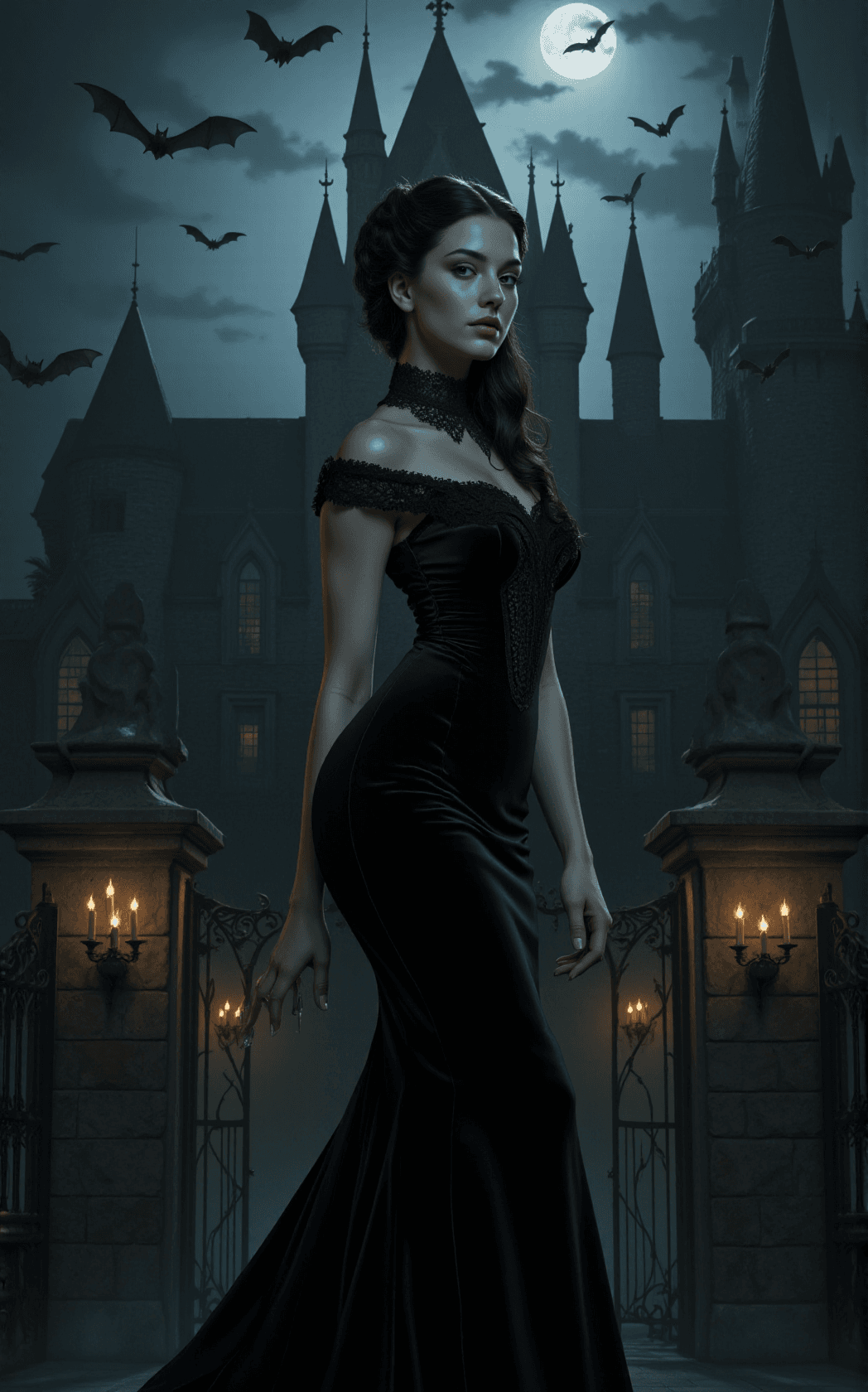 AI generated: A dark, mysterious castle rises under a moonlit sky, its sharp towers swallowed by drifting fog as b...