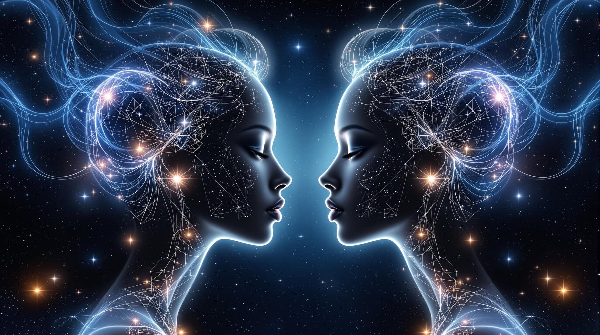 AI generated: Digital artwork featuring two ethereal female figures facing each other in a cosmic setting. The sty...