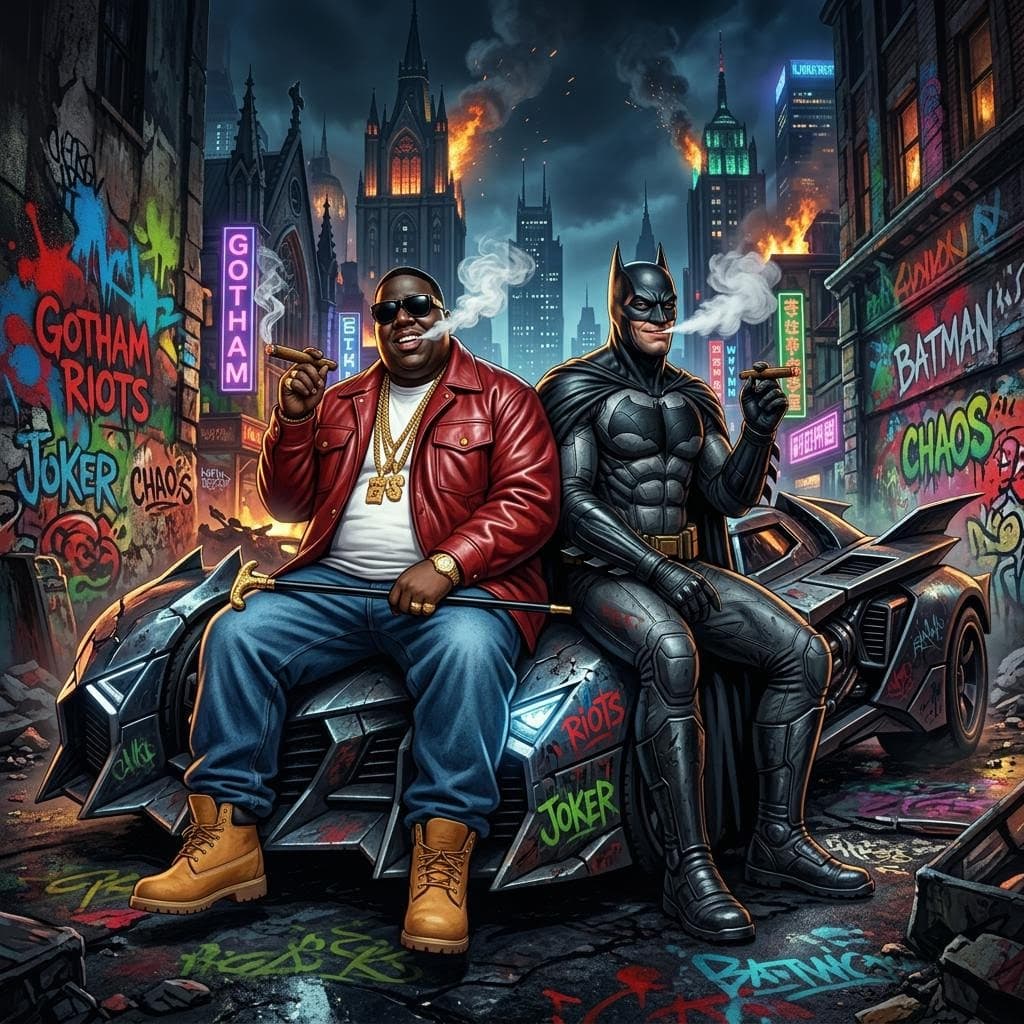 AI generated: add a 3d illustration of notorious BIG blowing smoke out his mouth and holding a cigar as he sitting...