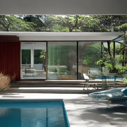 AI generated: Hyper realistic eye level exterior photo of a mid century modern style house overlooking the ocean, ...