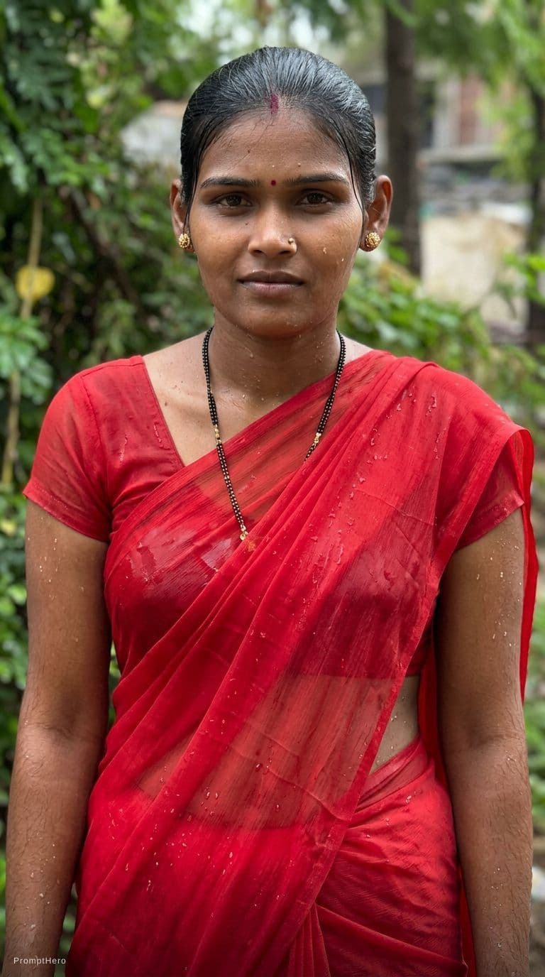 AI generated: Transparent Red wet saree Indian woman,
