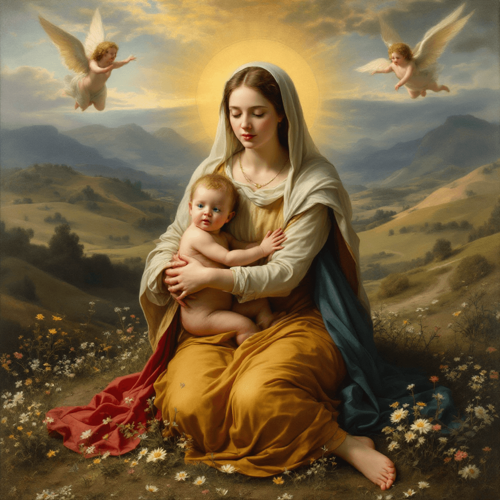 AI generated: Mary is holding small Baby Jesus in her arms in the style of Caspar David Friedrich. She is sitting ...
