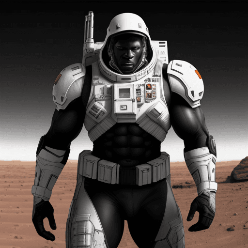 AI generated: big masculine black and white
 realistic  hero  with on mars with gun