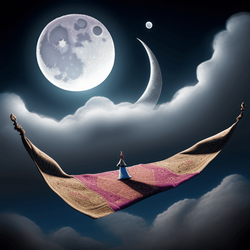 AI generated: a magic carpet flying on its own through magical clouds, the carpet should be the highlight, and a m...