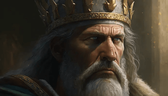 AI generated: King David of Israel, in an act of deep devotion, kneels on the ground, bowed in humility. His hands...