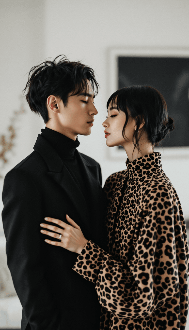 AI generated: A candid photo of a japanese eccentric artistic couple in love, minimalist animal print haute coutur...