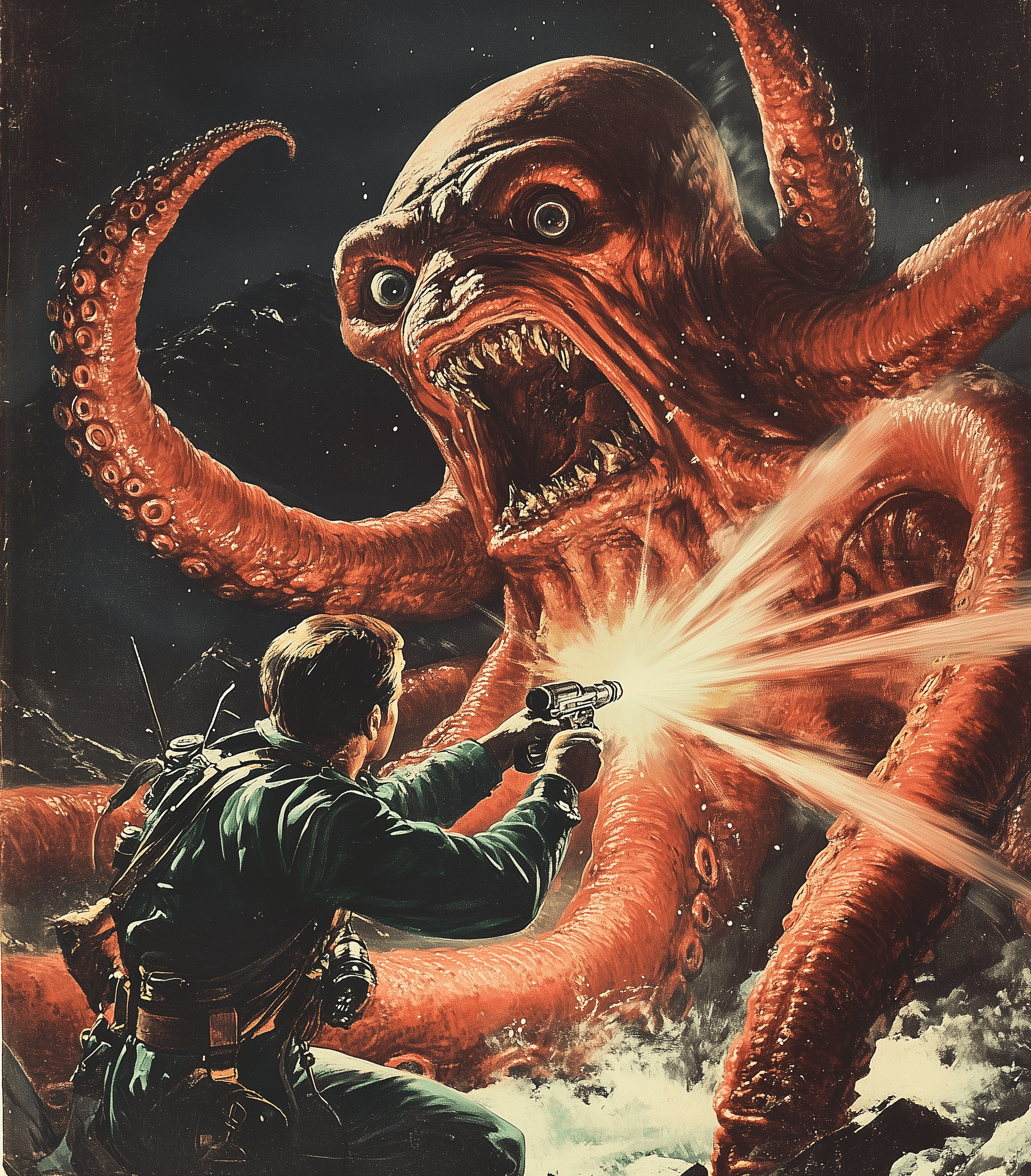 AI generated: **A vintage pulp cover of an astronaut fighting with lasers on the deck of their spaceship against g...