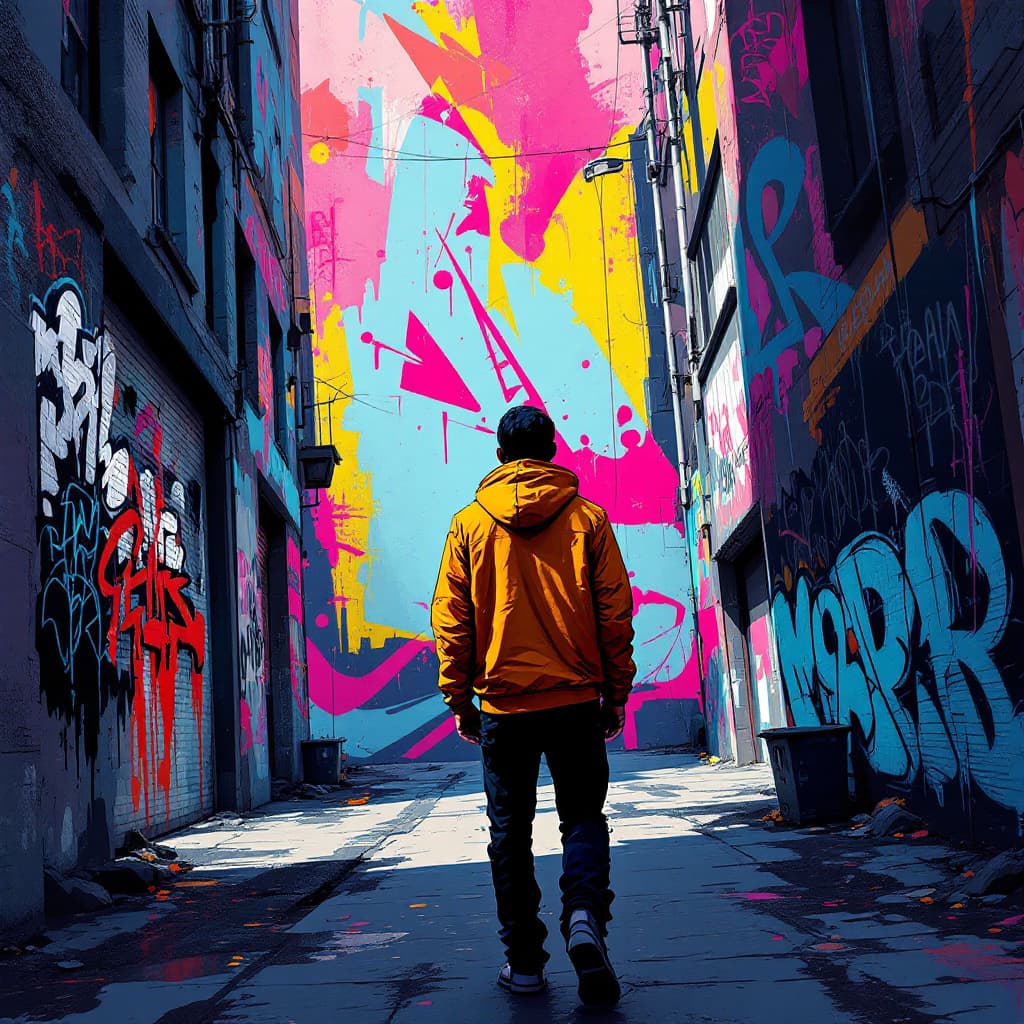AI generated: illustration reflecting street art style, a lone figure, seen from the back, abstract graffiti wall,...