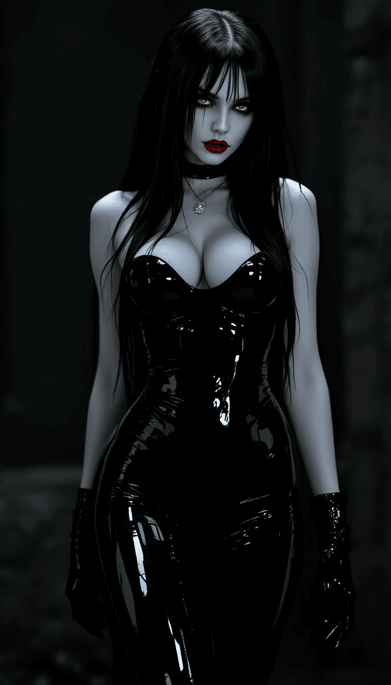 AI generated: vampire babe, black long hair, black full body tight latex outfit, underworld, white skin