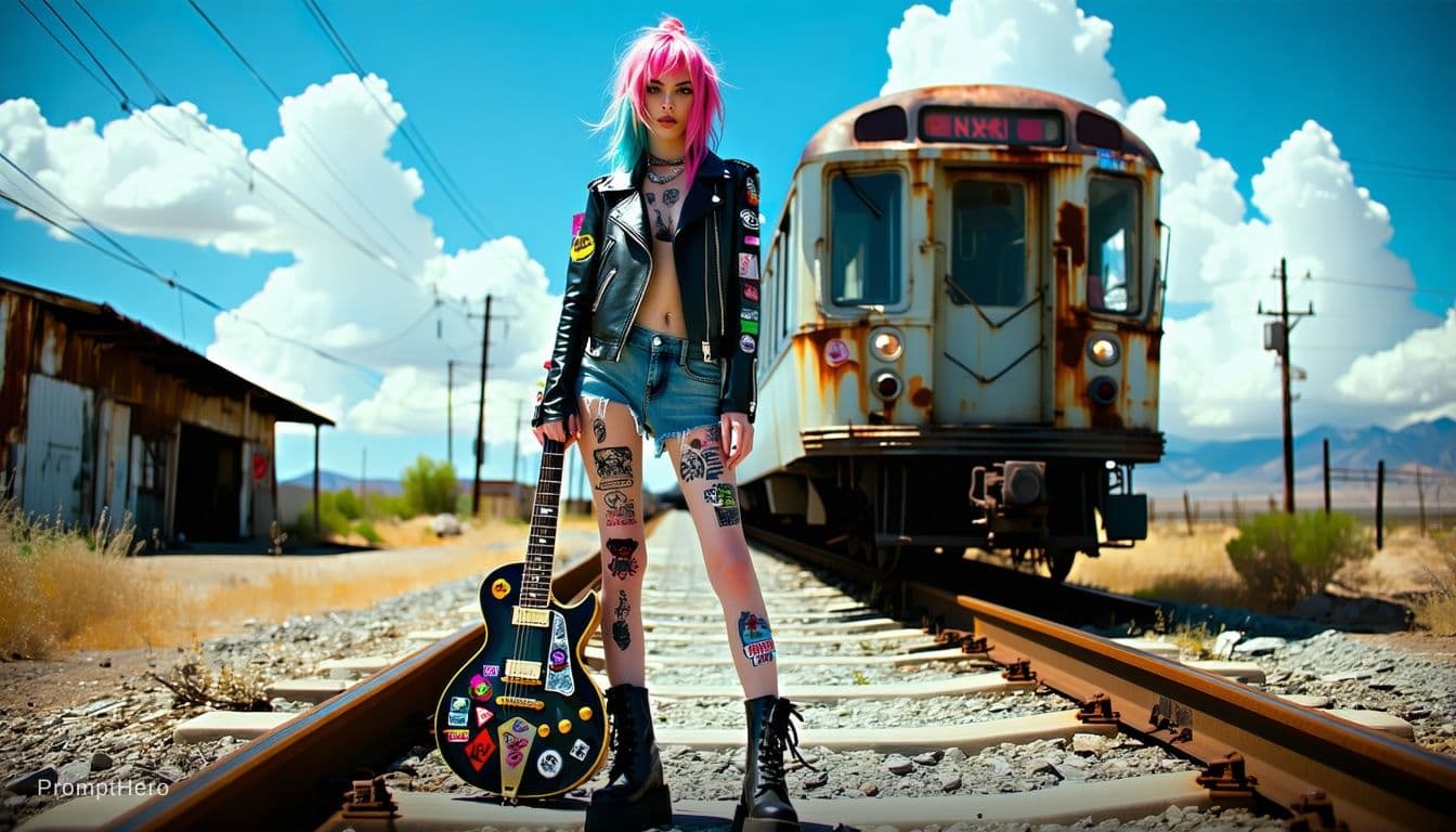 AI generated: Cinematic masterpiece, a provocative Harley Quinn with pink and blue hair, skinny, tattoed standing ...