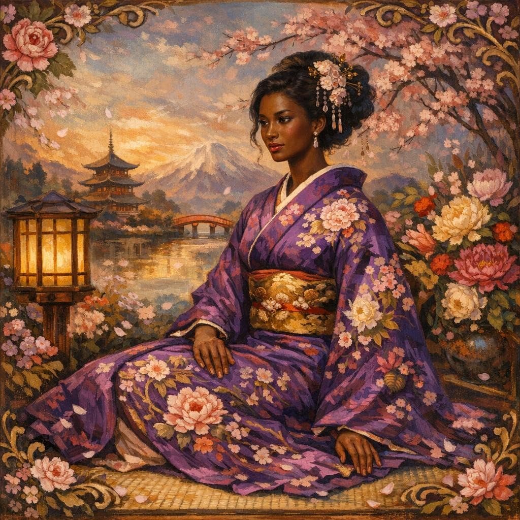 AI generated: IN OILS, Japanese-inspired artwork depicts a beautiful dark-skinned lady in a traditional royal purp...