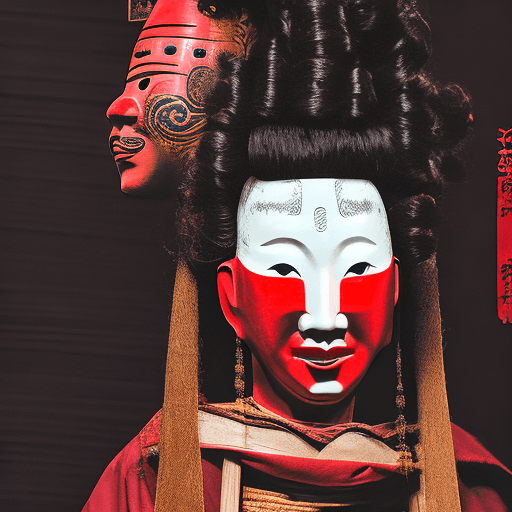 AI generated: Photo of a realistic red curly hair woman, wearing a Noh theatre wooden mask called 'Manbi' in a bla...