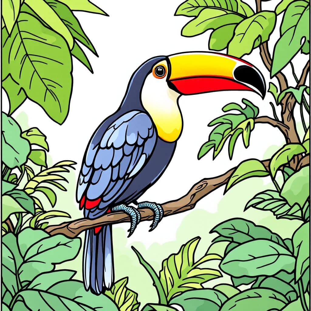 AI generated: Coloring book page,A toucan sitting on a vine in the rainforest, no color
