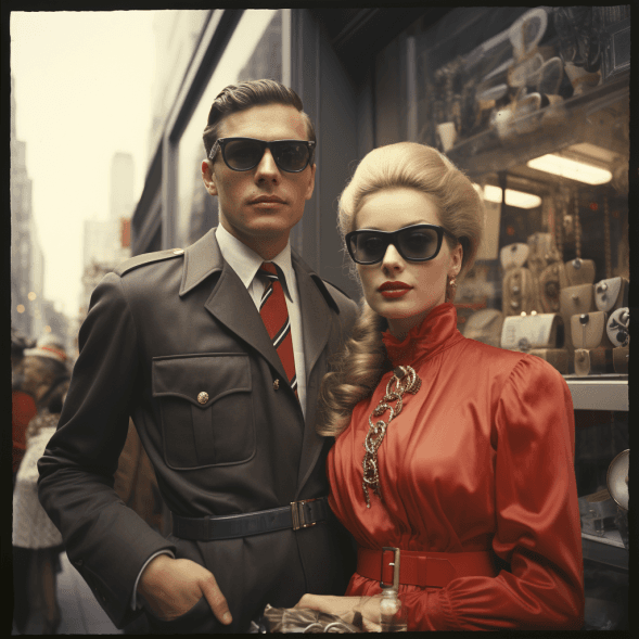 AI generated: polaroid photo of a stylish couple in the soviet union outside store ,cloudy, elegant,sharpt,hyper r...