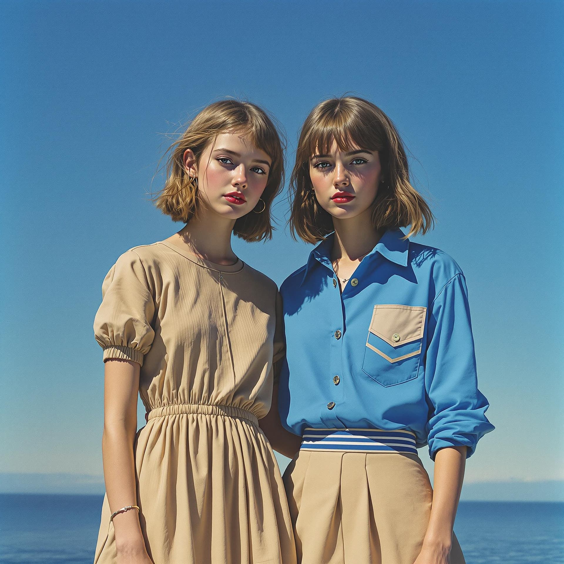 AI generated: two girls together, one wearing a dress and the other wearing a shirt and skirt, in the style of 197...