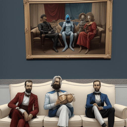 AI generated: **the painting shows four aliens y un hombre calvo de barba blanca y anteojos recetados sitting on a...