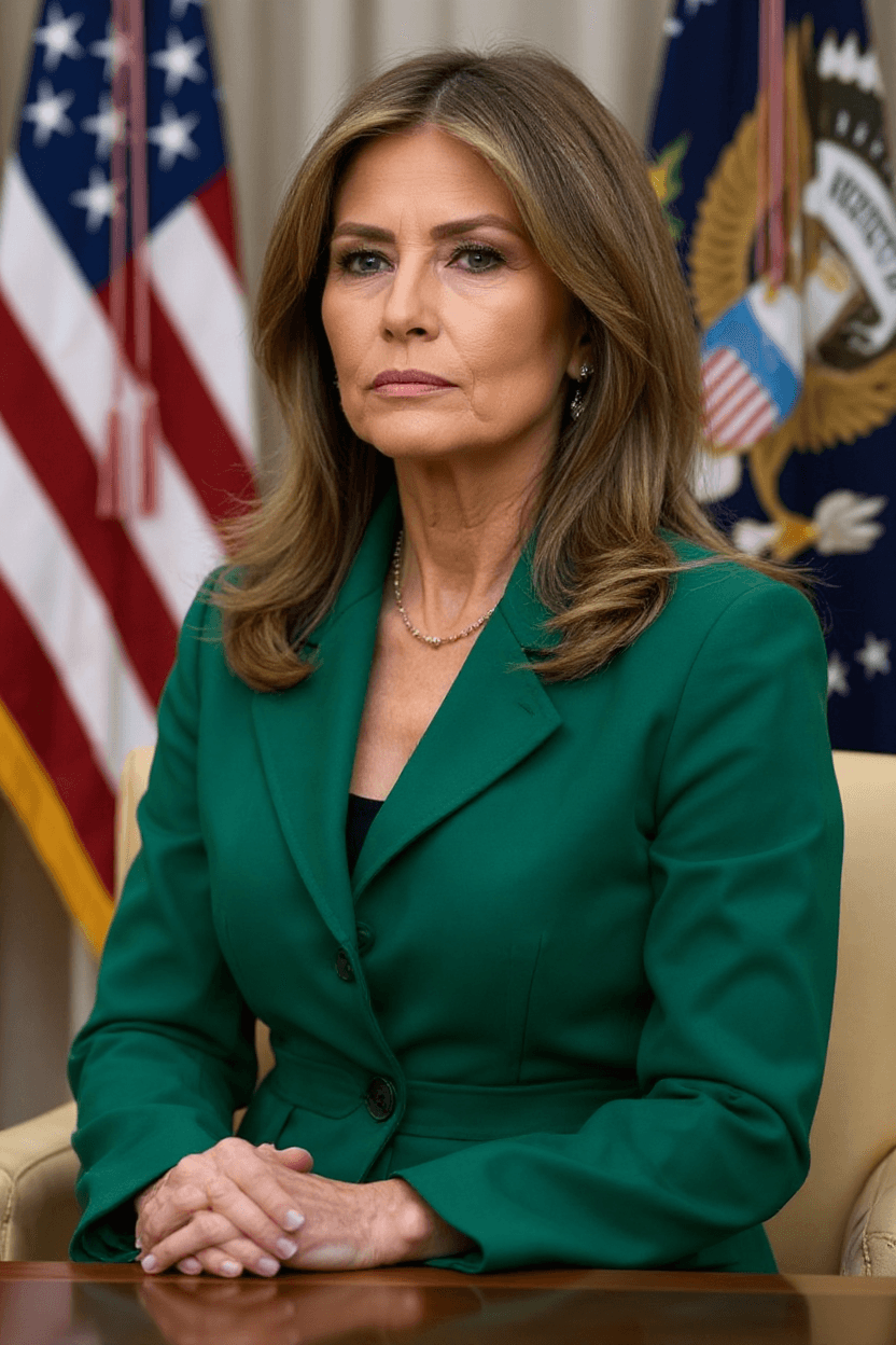 AI generated: make picture melania trump front of media 