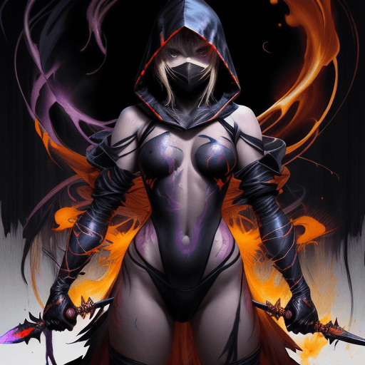 AI generated: masterpiece, Asia Ninja girl, wearing a hood, blonde hair, shrouded in shadows, holding a flaming da...