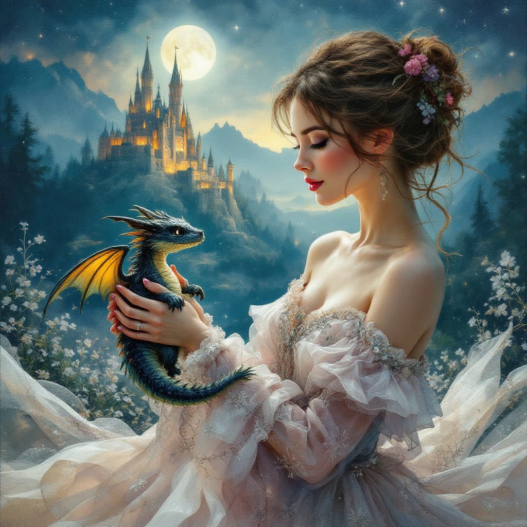 AI generated: close up of a pretty woman in a beautiful flowing dress holds a cute little dragon in her hands nigh...