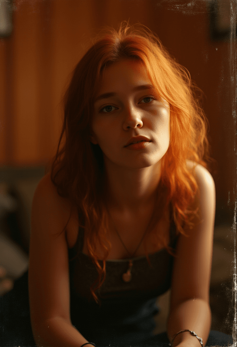 AI generated: Create a highly detailed Flux.1 Dev prompt for an image of a woman with long red hair, leaning sligh...