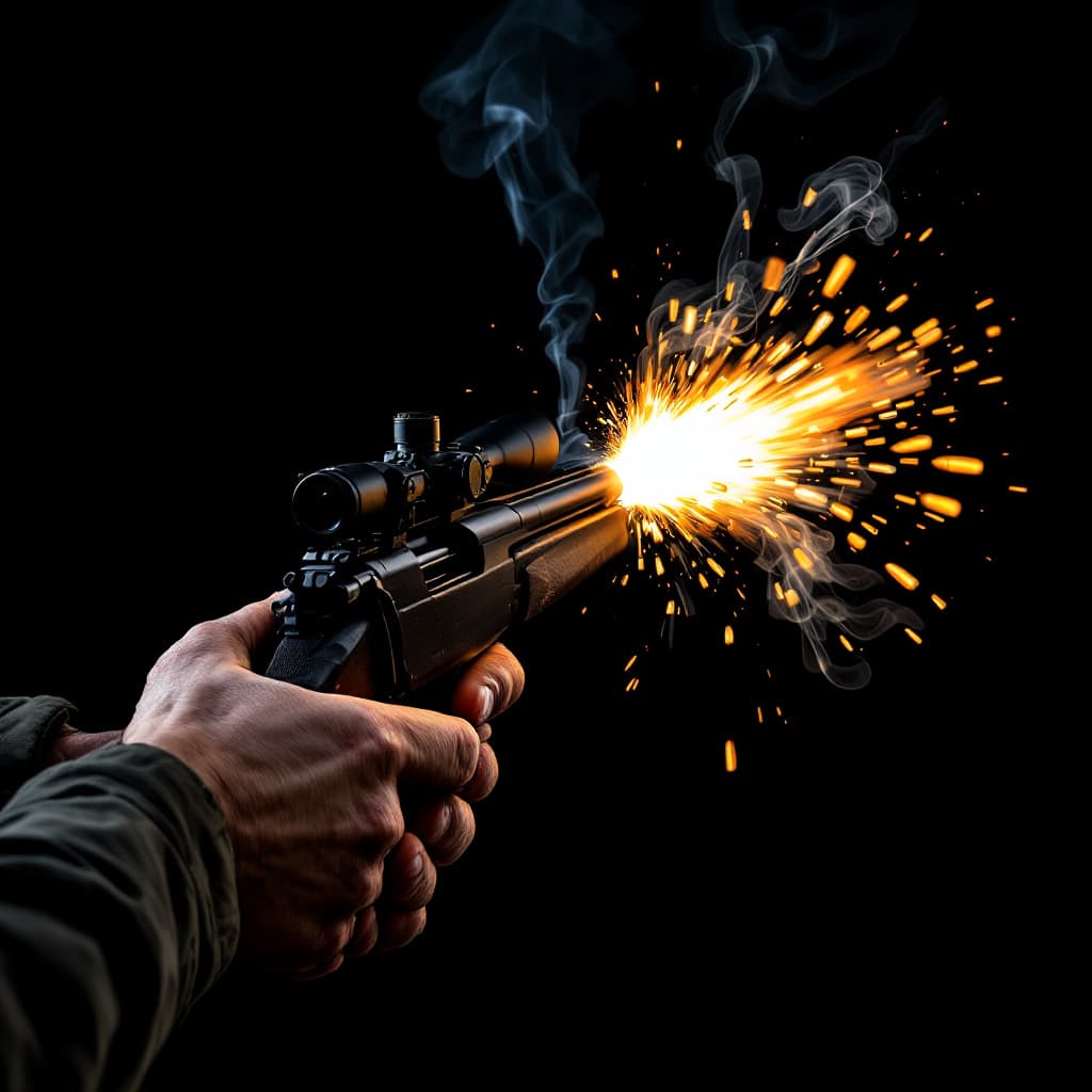AI generated: Generate image with visible projectile coming out of a hunting rifle in frontal position with black ...