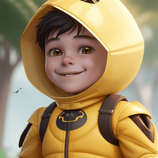 AI generated: a young boy in a Yellow protective clothing with a smile, in the style of unreal engine 5, cartoonis...
