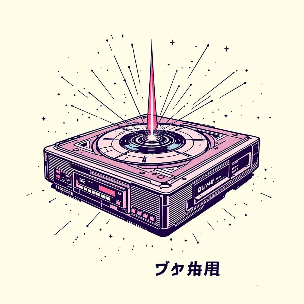 AI generated: stamp style, retro VCR player for mystical future laser solid state hard drive hardware, quantum com...