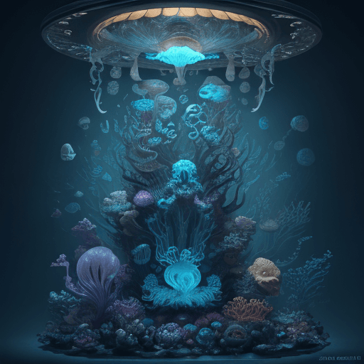 AI generated: Deep sea creatures. jellyfish , nautilus, , skulls of ancients sea monsters , fish, bioluminiscent c...