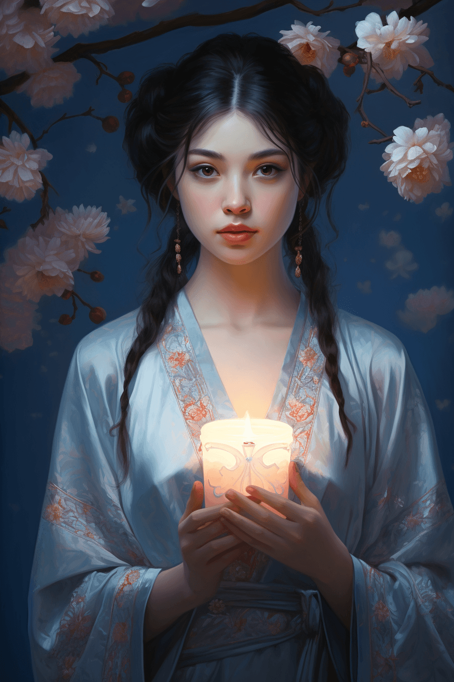 AI generated: An animated girl holding a candle in front of beautiful cherry blossoms, in the style of exquisite r...