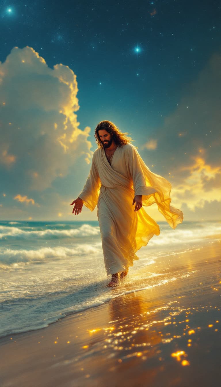 AI generated: Jesus walking on the beach, not walking on the water, but clearly on the beach next to the water. Th...