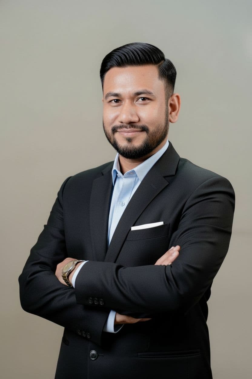 AI generated: A professional studio headshot of a confident man with a neat beard and styled hair, wearing a black...