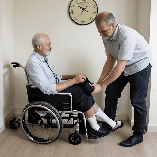 AI generated: man in wheelchair carer helping to put his socks on devotion large clock on the wall