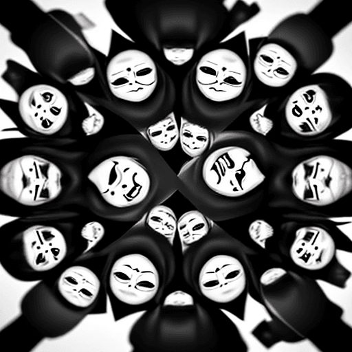 AI generated: black and white. distorted, many faces staring at you, in suits big, they upside down and under some...