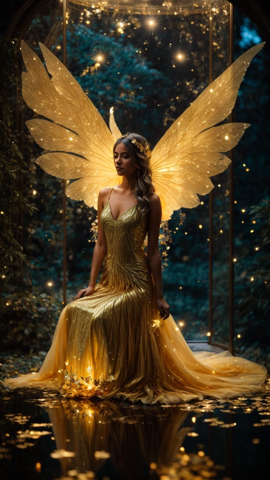 AI generated: By Alexander Jansson || A beautiful bioluminescent golden fae with HUGE golden leaf WINGS, and a bea...