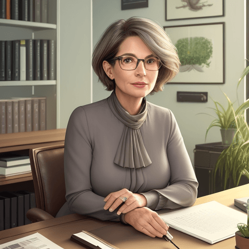 AI generated: hyper realistic photo, elegant 45-year-old woman sitting at her desk in her personal office, very sh...