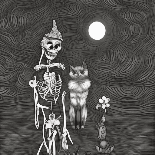 AI generated: Black and white, but fully rendered image a of an attractive witch on a broom. A cat is also with he...